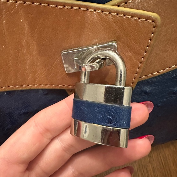 Large Italian Ostrich Leather Tote in Blue - Picture 7 of 13